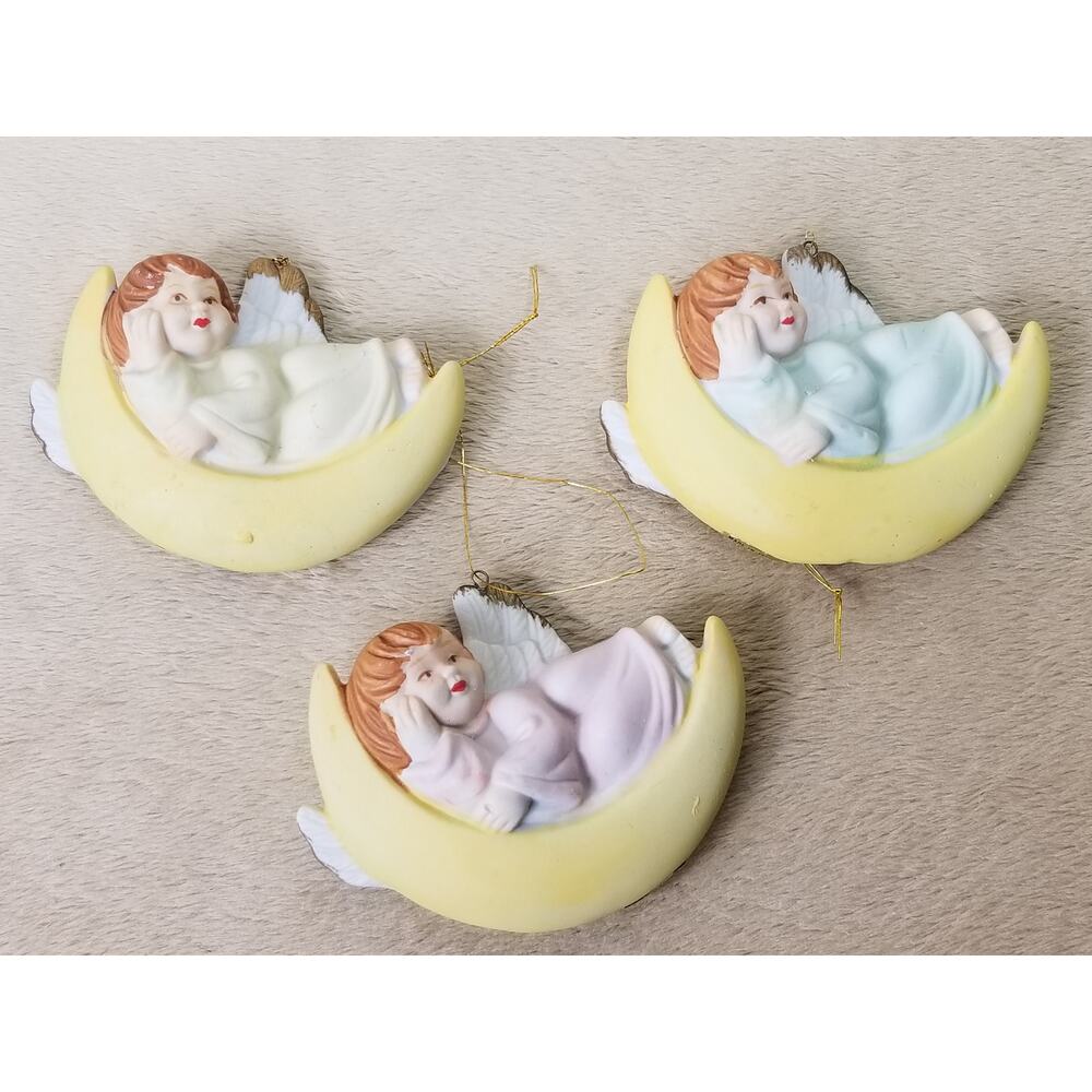 Angels Cherub Christmas Tree Ornaments 3 1/2" Ceramic 80s Collectible x3 Vintage